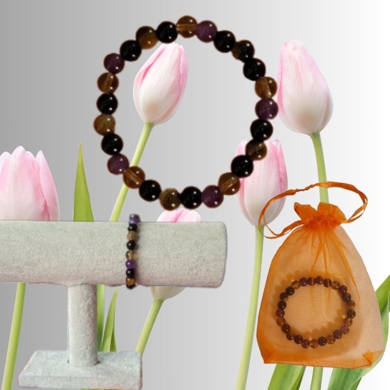 bracelet en perles d’œil de tigre naturel, améthyste, élastique.