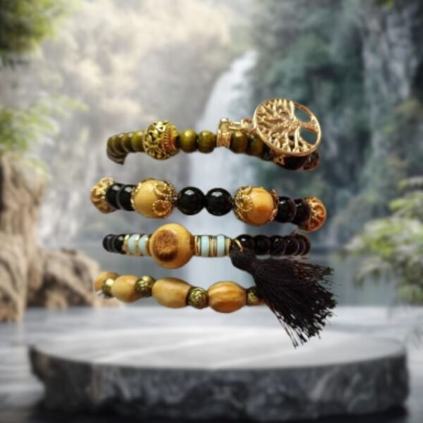 Set Bracelets Perle en Bois avec Pendentif Multicouches – 4 Pièces